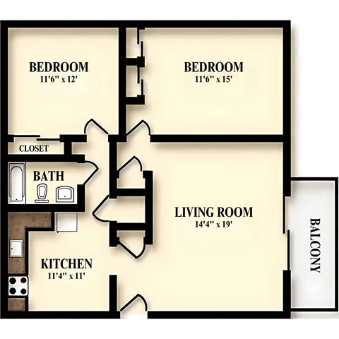 Floor plan for 2 beds, 1 bath, 921 sqft